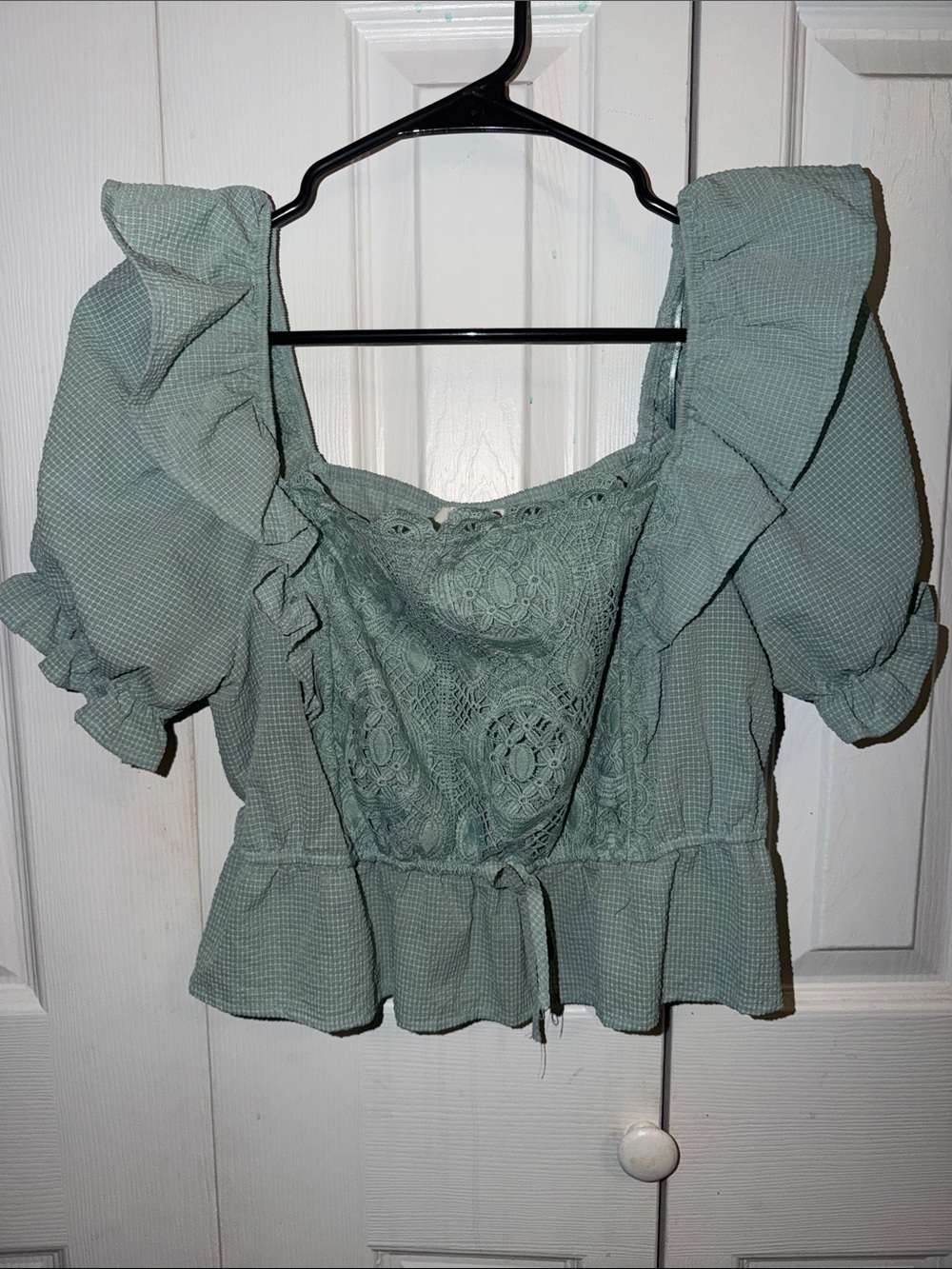 mine Sage Green Ruffle Lace Peplum Blouse